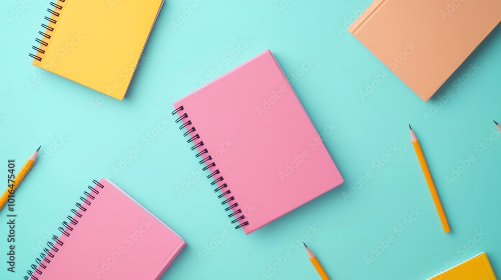 Floating set of notebooks and pencils arranged in midair, colorful background, vibrant lighting Floating set of notebooks and pencils arranged in midair, colorful background, vibrant lighting