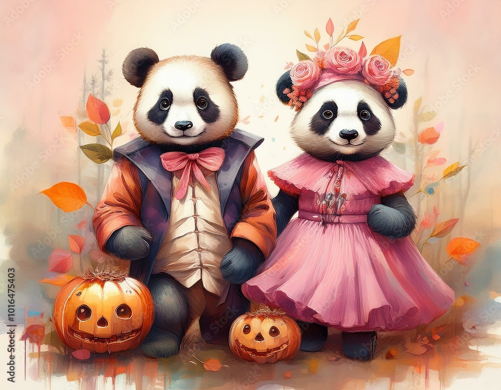 Naklejka premium trick or treat pandas with costumes, Pastel Watercolor Pink Dresses, autumn halloween celebration card illustration art