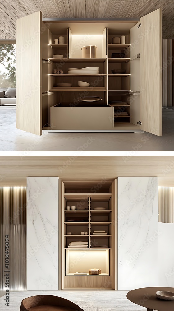 Fototapeta premium Modern Minimalist Kitchen Cabinet with Integrated Lighting and Open Shelving
