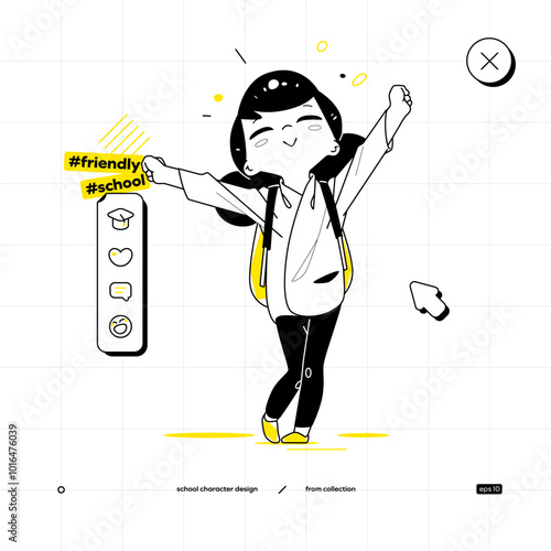 School Vector Character in Anime Style. Black Yellow Variant. The Young School Girl Rejoices and Raises His Hands in The Air
