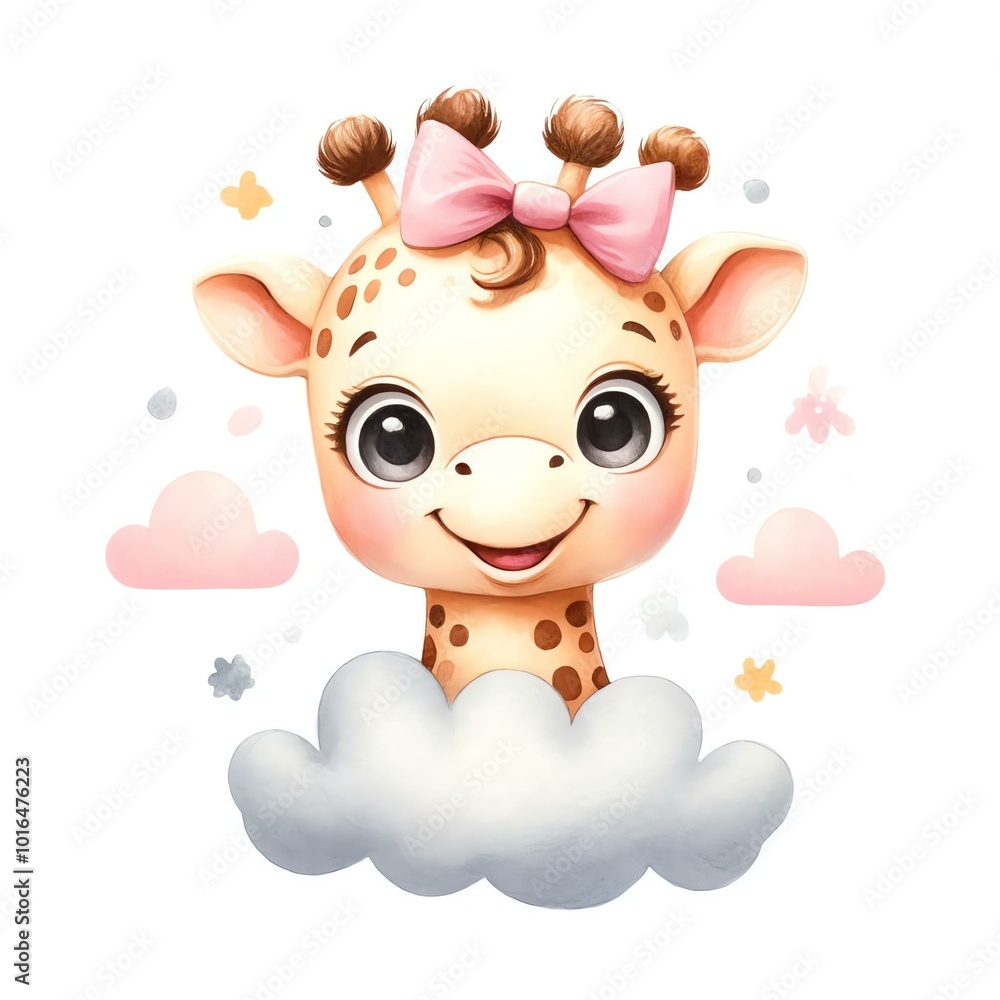 Adorable cartoon giraffe with a pink bow, peeking out from fluffy clouds, perfect for children's themes and playful designs. Adorable cartoon giraffe with a pink bow, peeking out from fluffy clouds, perfect for children's themes and playful designs.
