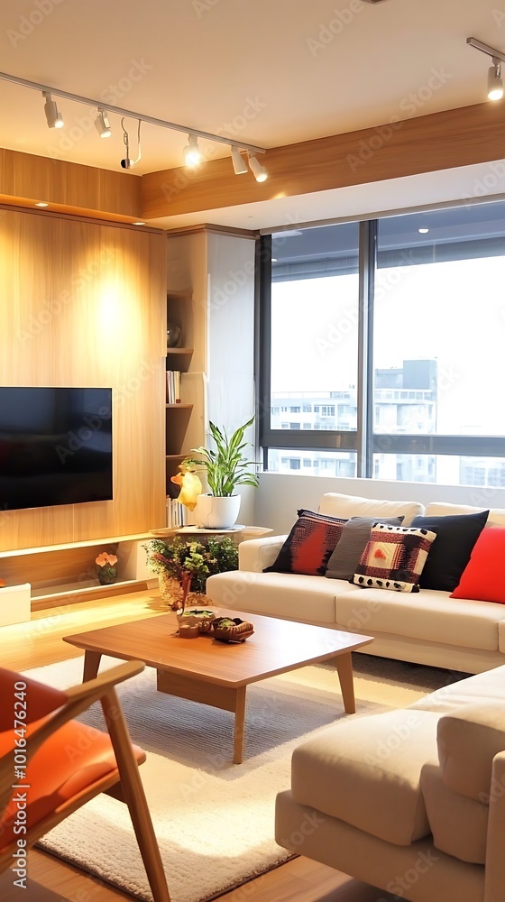 Modern Living Room with White Couch, Wooden Accents, and Large Windows Modern Living Room with White Couch, Wooden Accents, and Large Windows
