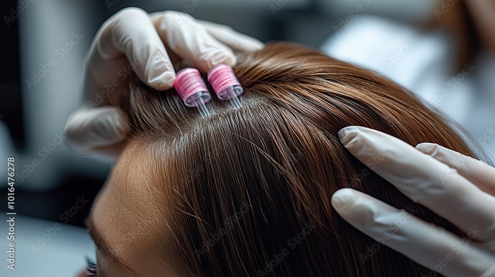 Fototapeta premium a womanman receiving advanced hair follicle treatment from a dermatologist to cure baldness and promote hair growth showcasing a medical solution to hair loss issues.illustration