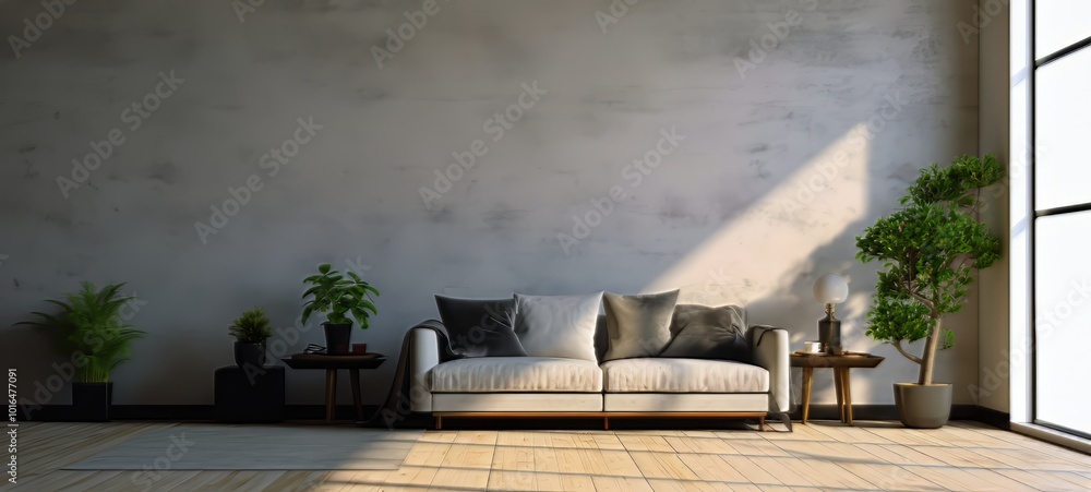 Bright living area with a spacious wall and modern furniture during daylight Bright living area with a spacious wall and modern furniture during daylight