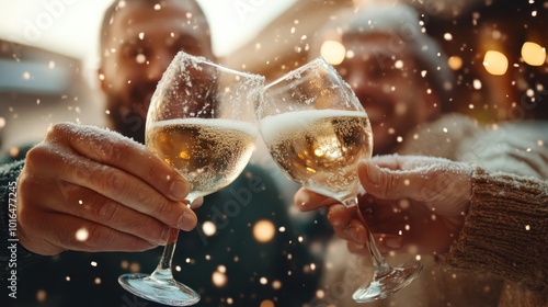 In a delightful snowy scene, two people toast with sparkling wine glasses, capturing celebration and festive cheer amid a dreamy, winter wonderland backdrop. photo