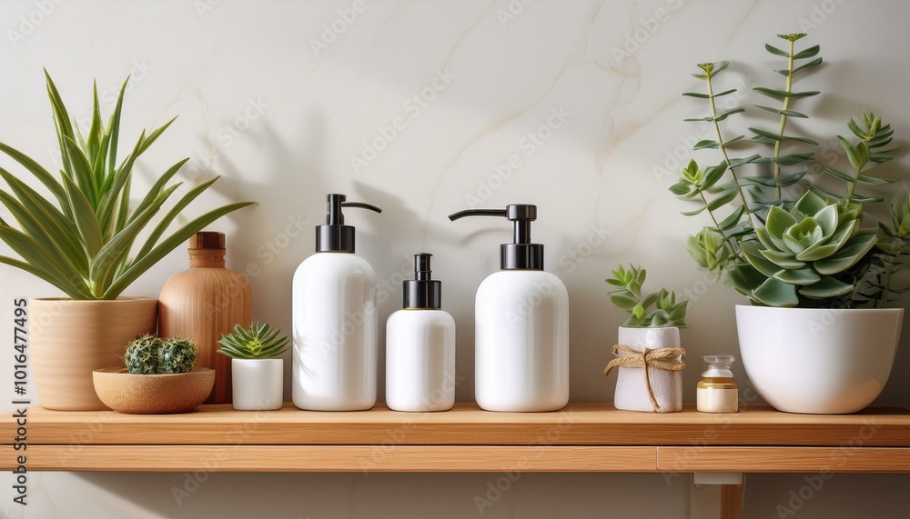 a bathroom featuring a light-colored oak shelf adorned with small bottles of body care products, a delicate glass aroma diffuser and white ceramic pots housing succulents. a bathroom featuring a light-colored oak shelf adorned with small bottles of body care products, a delicate glass aroma diffuser and white ceramic pots housing succulents.