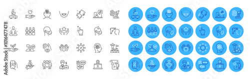 Video conference, Equity and Sick man line icons pack. Fingerprint research, Yoga, Electronic thermometer web icon. Medical mask, User call, Chin pictogram. Music, Safe time, Meditation eye. Vector