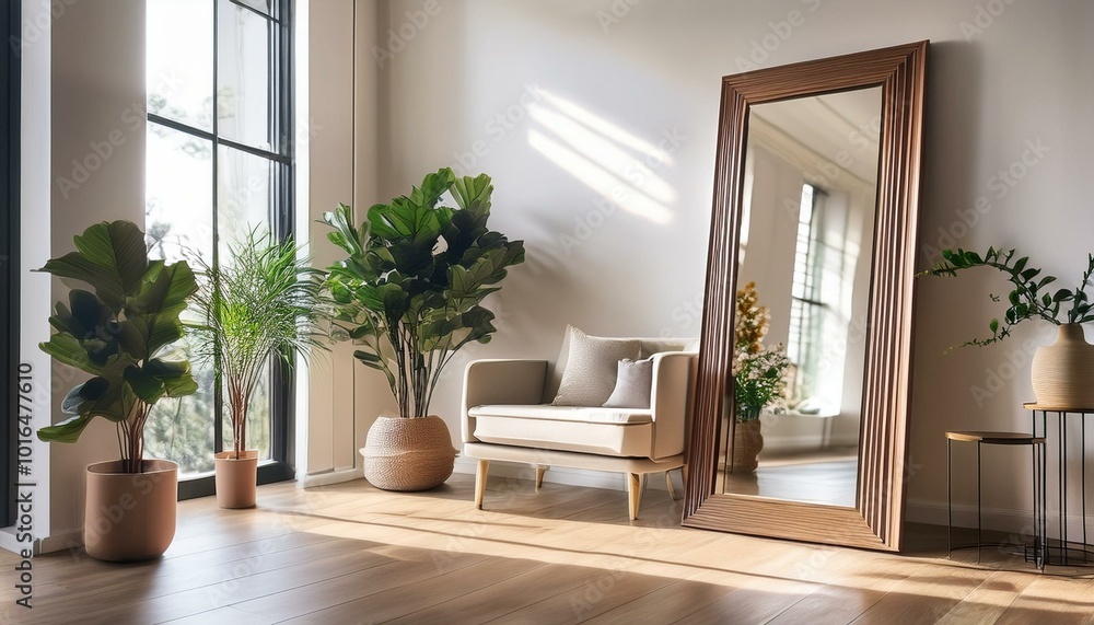 a beautiful room interior adorned with a leaning floor mirror, reflecting the space and adding depth and sophistication to the decor. a beautiful room interior adorned with a leaning floor mirror, reflecting the space and adding depth and sophistication to the decor.