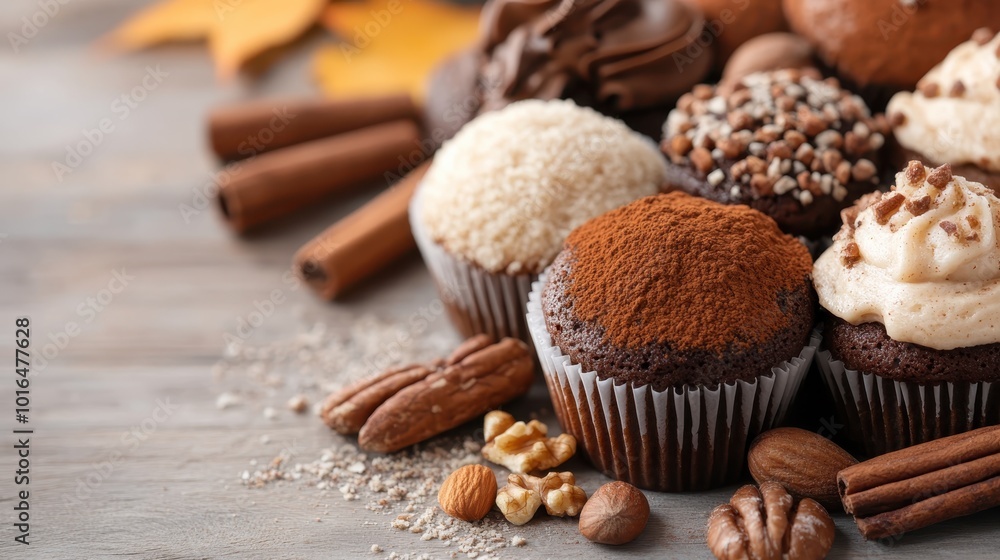 This image features a tempting display of assorted cupcakes with different toppings, such as chocolate and nuts, arranged on a wooden table, exuding warmth and sweetness. This image features a tempting display of assorted cupcakes with different toppings, such as chocolate and nuts, arranged on a wooden table, exuding warmth and sweetness.