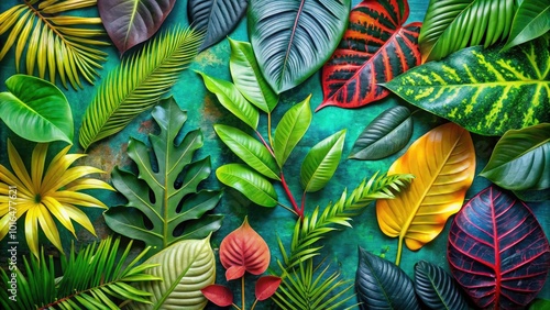 A vivid assortment of tropical leaves and foliage against a textured background, perfect for inspiring nature lovers and designers seeking vibrant color and inspiration.