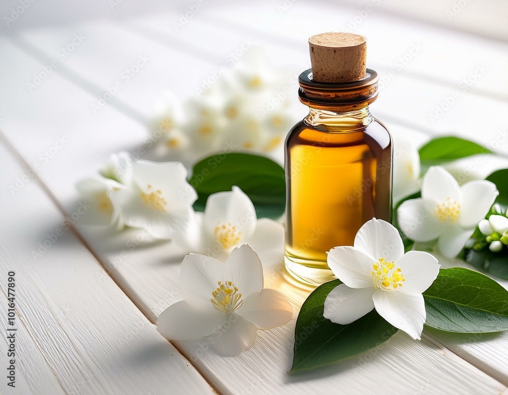 a captivating composition of jasmine essential oil and fresh flowers, thoughtfully placed on a white wooden tabletop. The open space in the image invites the addition of text or messages. a captivating composition of jasmine essential oil and fresh flowers, thoughtfully placed on a white wooden tabletop. The open space in the image invites the addition of text or messages.