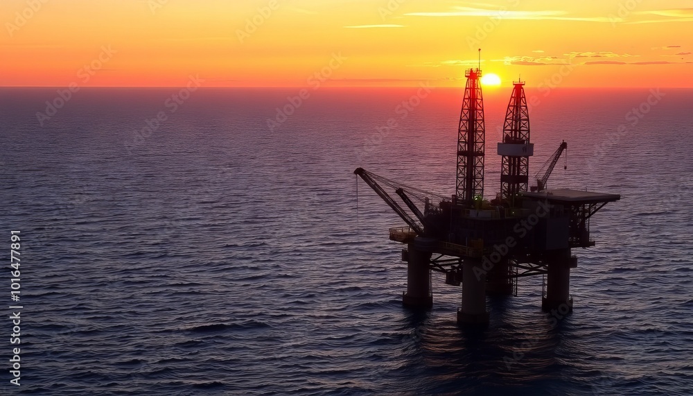 Fototapeta premium Sunset Over Offshore Oil Rig in Ocean Waters