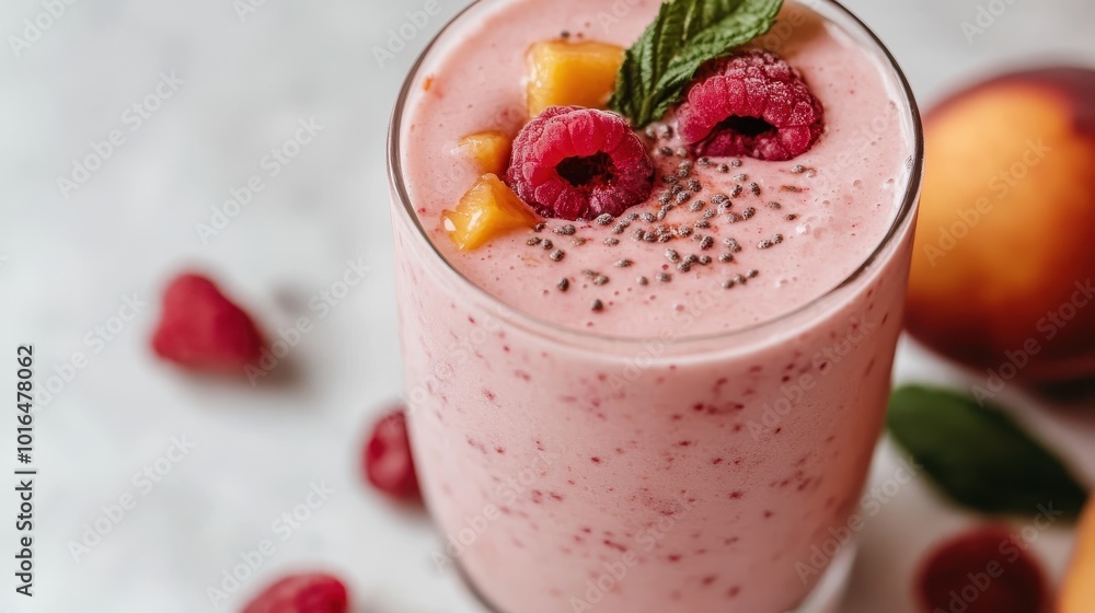 A tasty raspberry smoothie is presented, topped with chia seeds, peach slices, and fresh mint, showcasing a refreshing, healthy drink in a modern culinary style. A tasty raspberry smoothie is presented, topped with chia seeds, peach slices, and fresh mint, showcasing a refreshing, healthy drink in a modern culinary style.