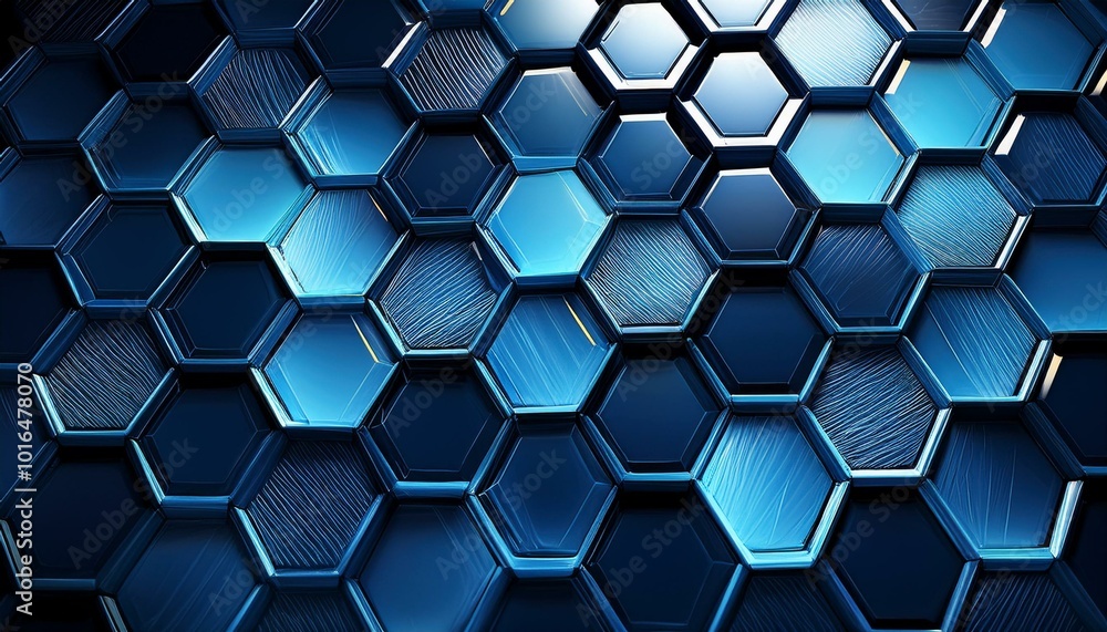A close-up image of a dark blue hexagon pattern. The hexagons are arranged in a repeating pattern, creating a geometric and abstract design A close-up image of a dark blue hexagon pattern. The hexagons are arranged in a repeating pattern, creating a geometric and abstract design