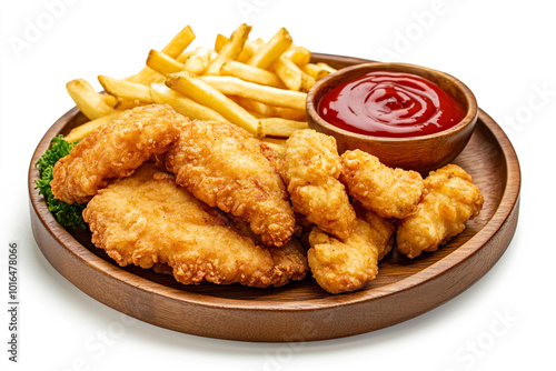 A plate of chicken nuggets and french fries with ketchup. The plate is wooden and the food is golden brown.