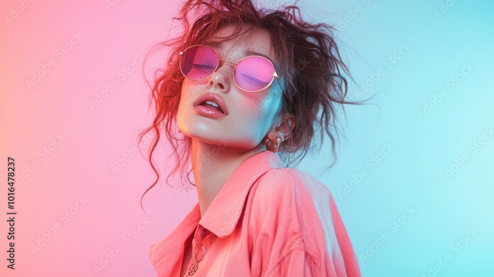A trendy young woman with tousled hair wearing sunglasses poses with confidence under dynamic lighting, emanating style and modernity in a colorful setting. A trendy young woman with tousled hair wearing sunglasses poses with confidence under dynamic lighting, emanating style and modernity in a colorful setting.