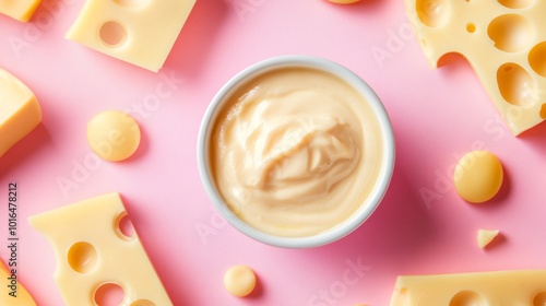 Creamy Cheese Dip with Assorted Cheese Pieces on Pink Background