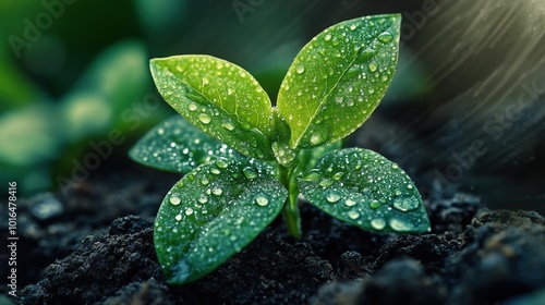 A young green plant sprout in the soil with dew drops on its leaves photo