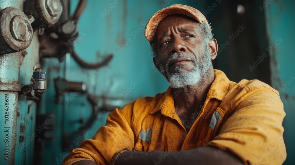 A mature industrial worker, clad in yellow, appears in thought amidst an industrial setting, with machinery parts adding a rugged authenticity to the scene.