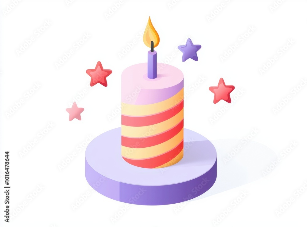 A colorful birthday cake with stripes, a lit candle on top, and decorative stars around it, perfect for celebrations. A colorful birthday cake with stripes, a lit candle on top, and decorative stars around it, perfect for celebrations.