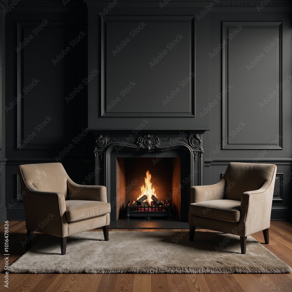 A captivating high-resolution 3D rendering showcases an elegant classic black living room complete with a fireplace comfortable armchairs and intricate details such as wall paneling moldings and plush A captivating high-resolution 3D rendering showcases an elegant classic black living room complete with a fireplace comfortable armchairs and intricate details such as wall paneling moldings and plush
