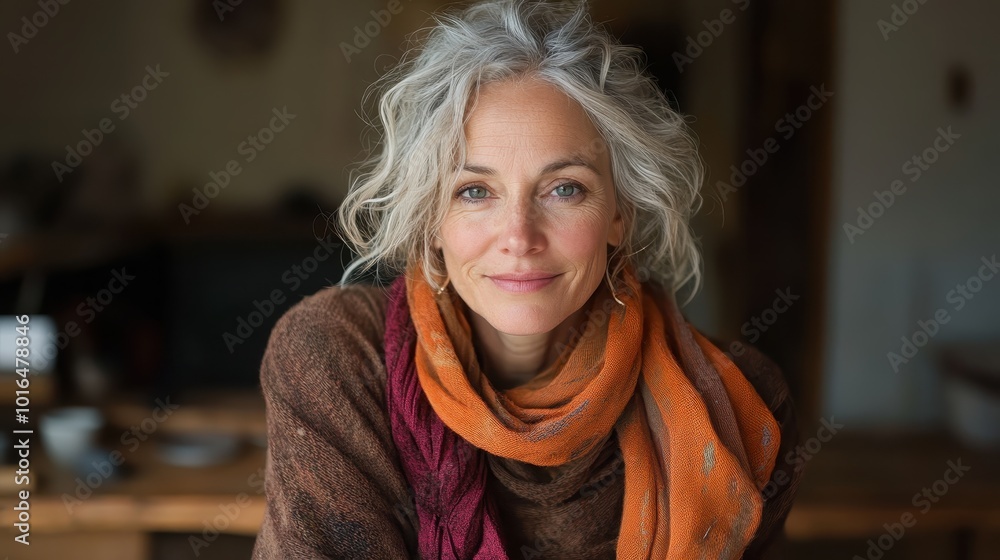 A mature woman with gray hair in a cozy autumn outfit, featuring a vibrant scarf, poses casually indoors, embodying peace and contentment.