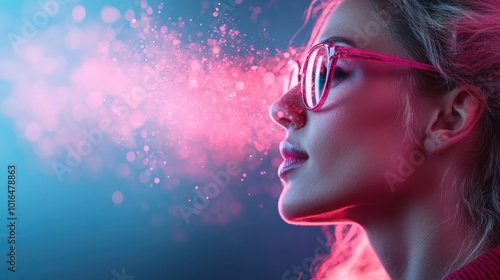 A woman wearing pink glasses is depicted in profile, surrounded by swirling pink sparkles in a dreamy and vibrant digital art style. photo