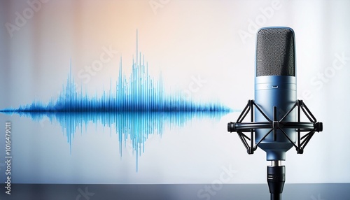 a professional microphone set against a light background, with a digital waveform displayed, for banners, podcast covers, or studio backgrounds