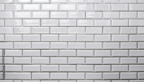 A seamless, close-up image of a white subway tile wall, featuring a classic brick pattern with a subtle gloss SEAMLESS PATTERN