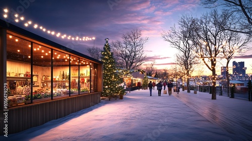 Charming Evening at a Scenic Christmas Market with People Enjoying Holiday Cheer