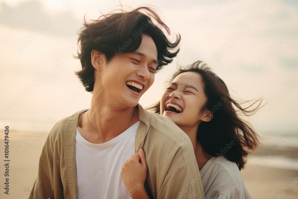 Happy asia couple laughing happiness outdoors. Happy asia couple laughing happiness outdoors.