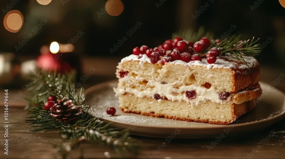 A festive cake adorned with cranberries and pine, set against a warm candle-lit backdrop, creating a cozy atmosphere perfect for holiday celebrations and gatherings. A festive cake adorned with cranberries and pine, set against a warm candle-lit backdrop, creating a cozy atmosphere perfect for holiday celebrations and gatherings.