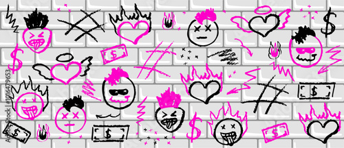 Black and acid pink wax crayon drawing grafitti elements. Marker drawing retro rock elements. Vector charcoal outline symbols cute heart, mohawk hairs, mouth stick out tongue on the brick wall.