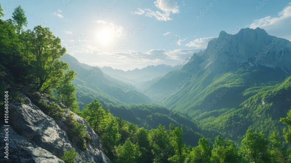 Fototapeta premium A stunning view captures the sunrise illuminating green mountains and misty valleys below