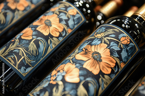 Detailed view of beautifully designed wine labels highlight artistic branding elements photo