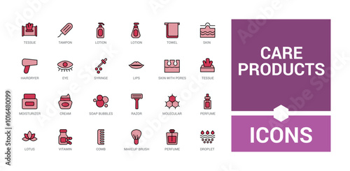 Care product colorful line icons set. serum, color icon for line and filled mix collection. Editable Stroke, pixel perfect. Icon names are written in English.