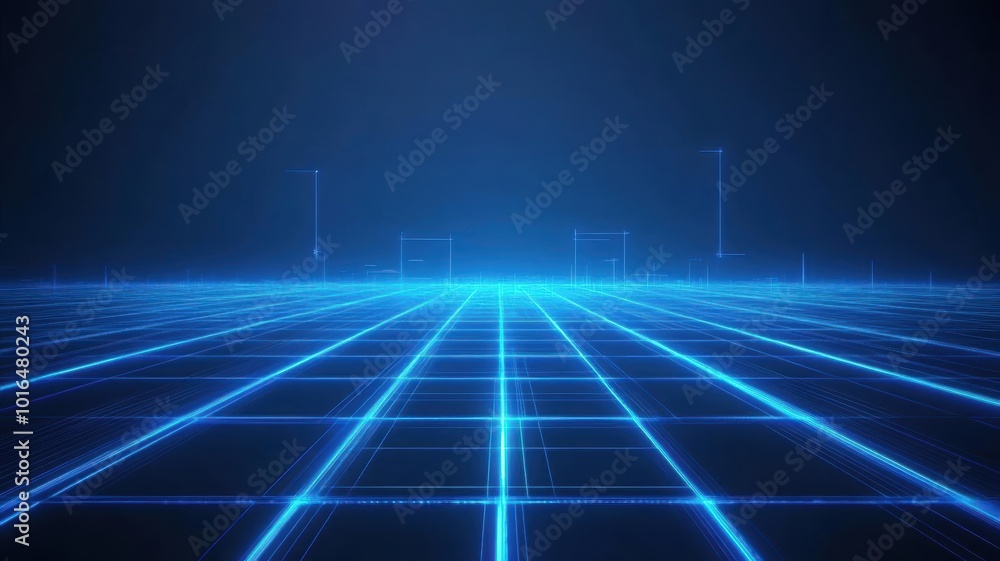Abstract futuristic grid with glowing blue lines, infinite digital horizon, sci-fi style, empty space for advertising Abstract futuristic grid with glowing blue lines, infinite digital horizon, sci-fi style, empty space for advertising