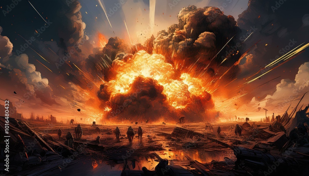 an explosion on a battleground, capturing the chaos, debris, and the profound consequences of conflict. an explosion on a battleground, capturing the chaos, debris, and the profound consequences of conflict.