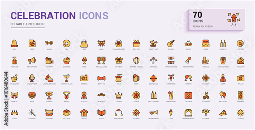 Celebration and party colorful Icons set. Color icon collection of line and filled mix symbol, Editable and pixel perfect, Icon names are written in English.