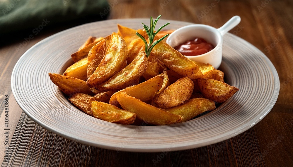 Baked potato fries on wooden table