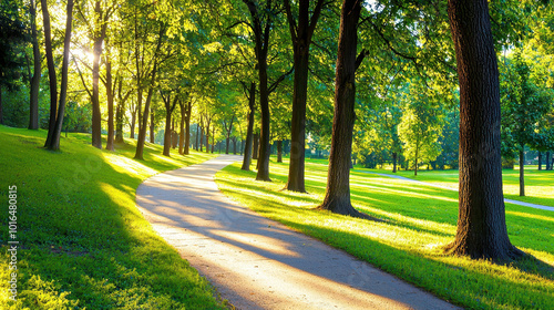 Serene winding pathway through a sunlit park, surrounded by lush green grass and tall trees, evoking a peaceful outdoor experience