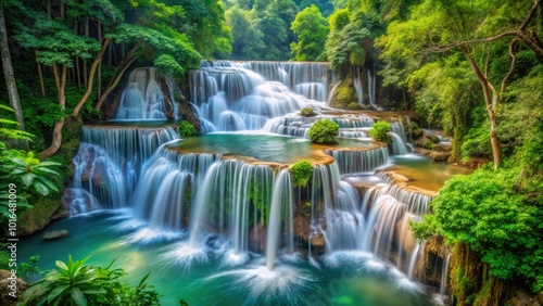 Breathtaking Huai Mae Khamin Waterfall in Thailand offers stunning panoramic views amidst lush nature, creating an idyllic backdrop for captivating scenic photography opportunities. photo