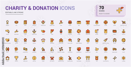 Charity and donation colorful line icons set, Love, Gift, Donation and more editable icon collection, Color line and filled mix symbol. Icon names are written in English.