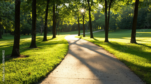 Scenic pathway through a sunlit park surrounded by lush green trees and golden morning light casting long shadows