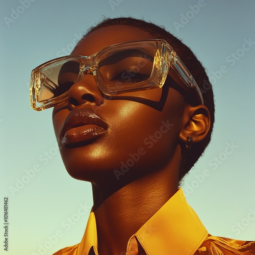 A confident individual wears oversized glasses against a clear sky, showcasing a bold fashion statement with vibrant colors and striking features. photo