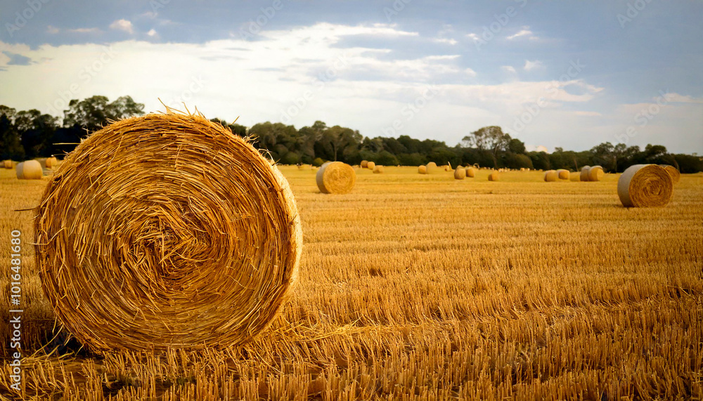 Round hay bales scattered in a harvested farm field, near Georgetown; Round hay bales scattered in a harvested farm field, near Georgetown;