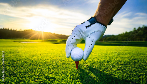 Close up of a golfer's hand wearing a white golf glove and placing a golf ball on a tee; Edmonton, Alberta, Canada