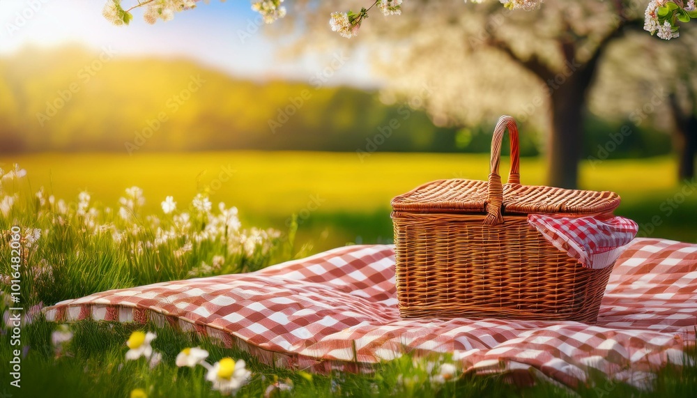 Naklejka premium Checkered picnic duvet with empty basket on the blossoming meadow. Created with Generative AI technology.