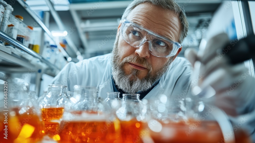 A male scientist focuses intently while working with liquid samples, illustrating the meticulous attention required in scientific testing and discovery processes. A male scientist focuses intently while working with liquid samples, illustrating the meticulous attention required in scientific testing and discovery processes.