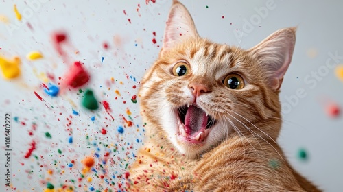 The image shows a surprised cat against a backdrop of vibrant, splattering paint, capturing a moment of astonishment and colorfulness, exuding creativity and surprise.